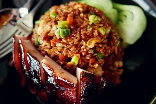 Big rice bowl with vegetables and protein